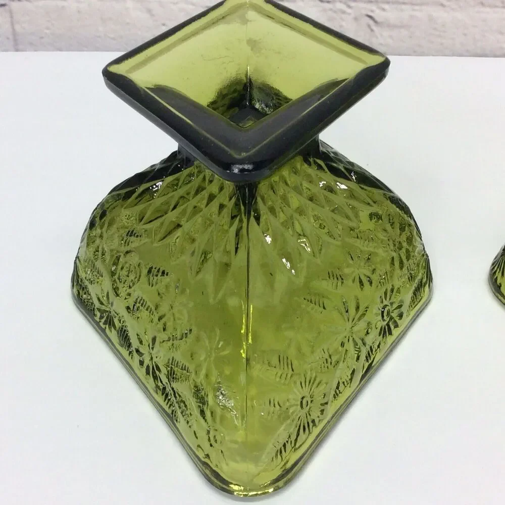 Vintage Indiana Glass Olive Green Diamond Shape Pedestal Candy Dish Bowl Set 2